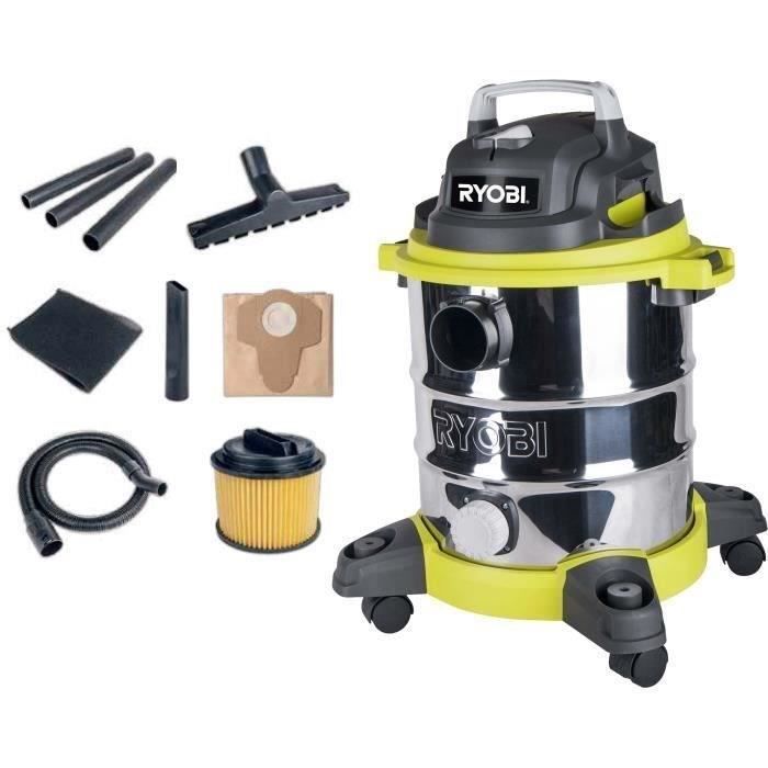 RYOBI - Aspirateur eau et poussiere 1 250 W - cuve Inox 20 L - dépression 20,5 kPa - Avec filtre, extension, suceur - RVC-1220I-G - Bestpower